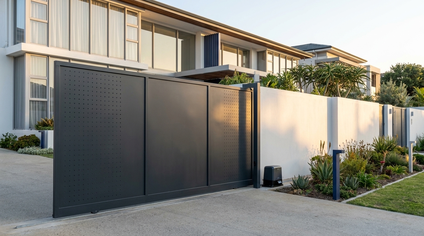 INSO aluminium gate installation team fitting a custom sliding aluminium gate motor and track at a South African residential property
