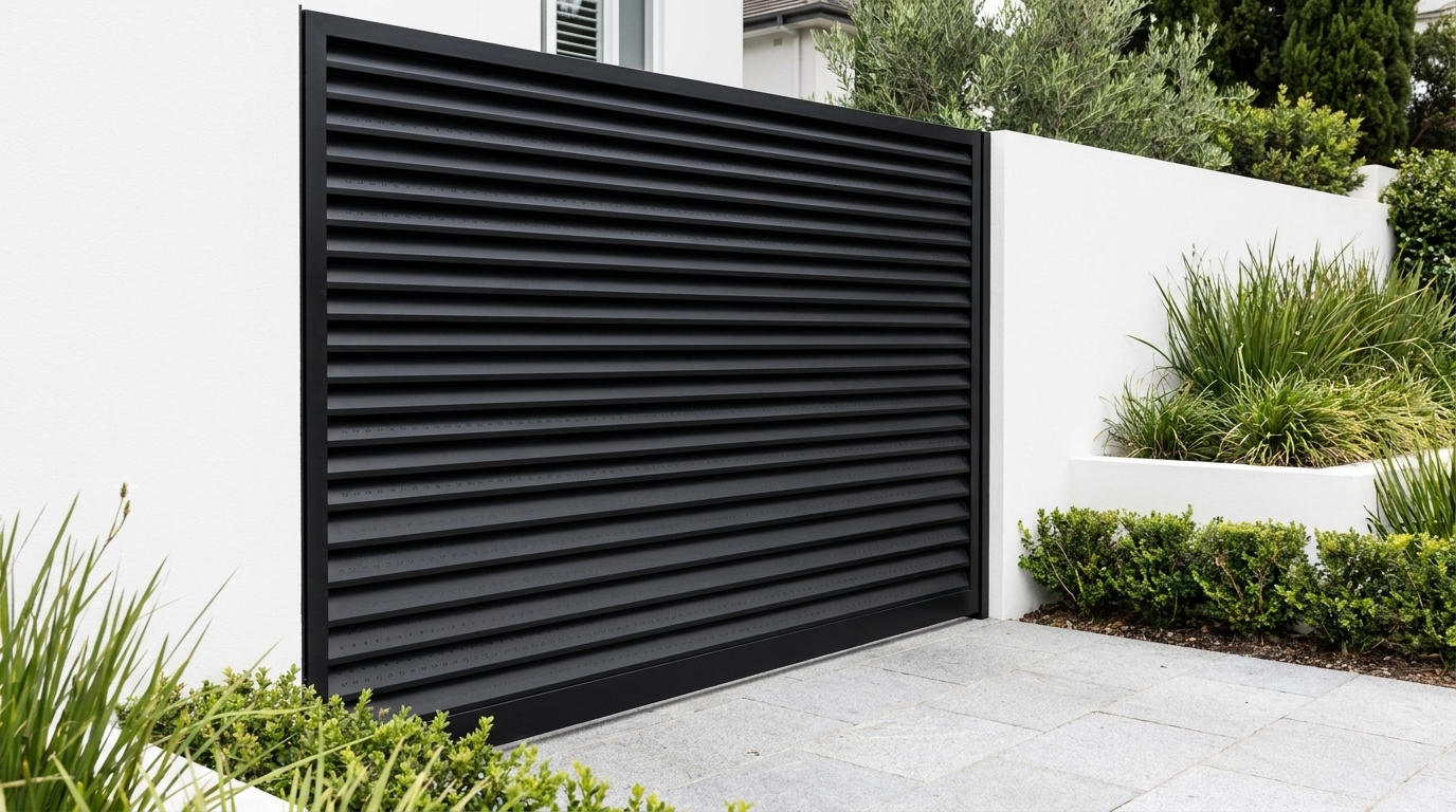 Close-up of a precision-fabricated aluminium driveway gate showing crisp welded joins and fine matt black finish against a white rendered wall