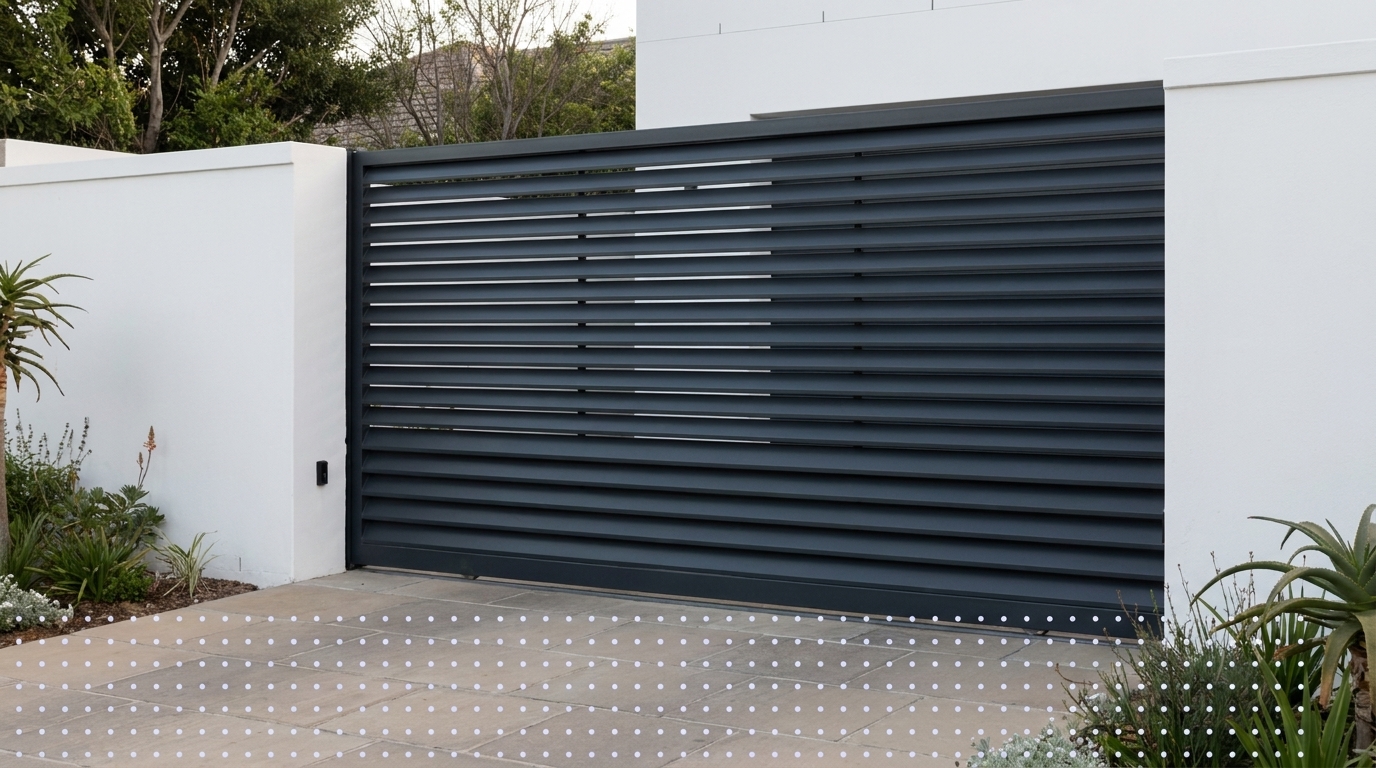 Aluminium driveway gate with fine horizontal louvre panels in matte black finish, set into a white estate boundary wall on a sunny South African property