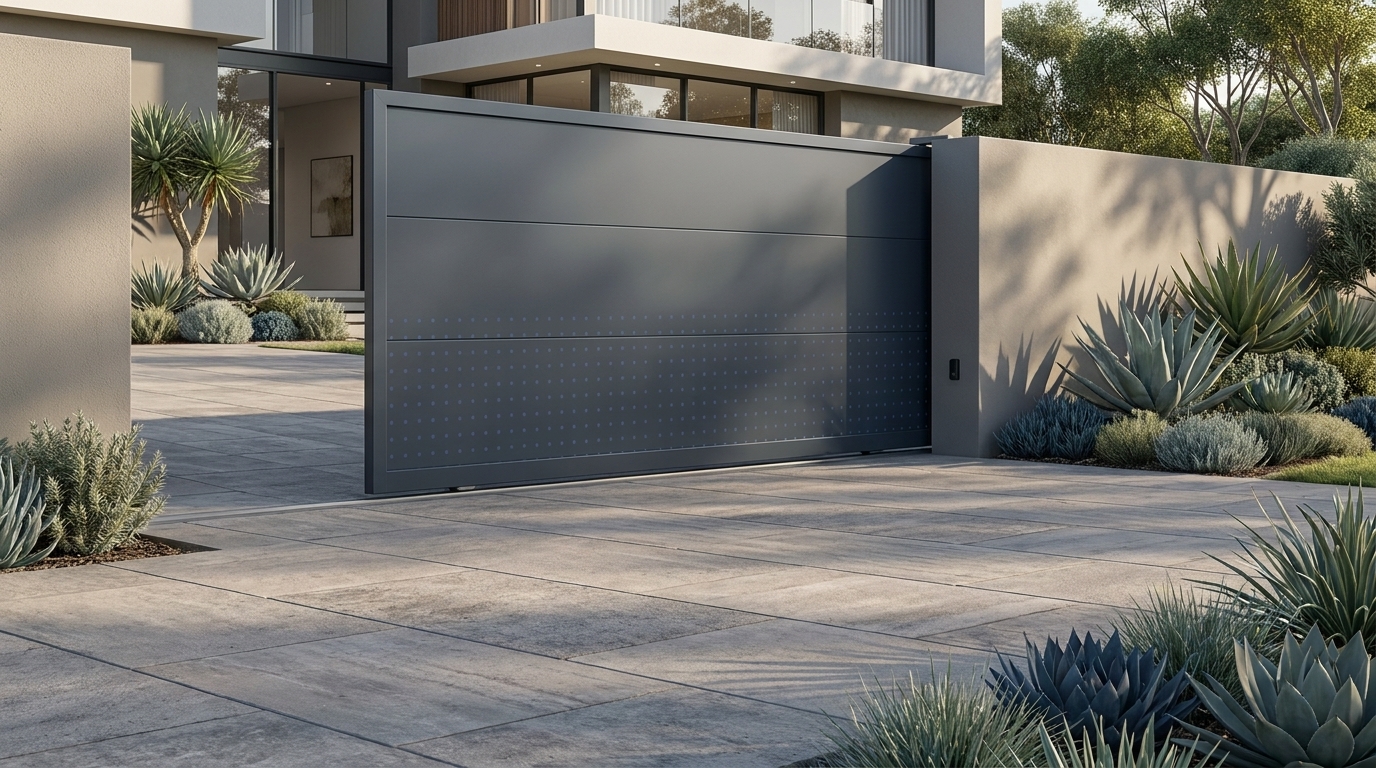 Bespoke aluminium driveway gate photographed from street level, showing clean horizontal louvres and precise automated operation