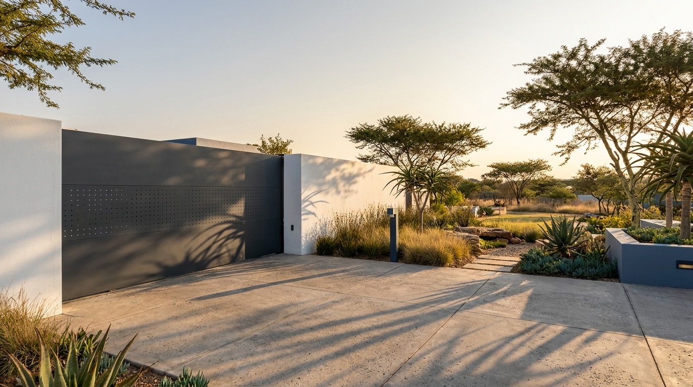 Dramatic architectural aluminium driveway gate set into a contemporary African estate entrance, photographed at dusk with warm ambient lighting illuminating a charcoal-framed sliding gate and clean rendered boundary wall