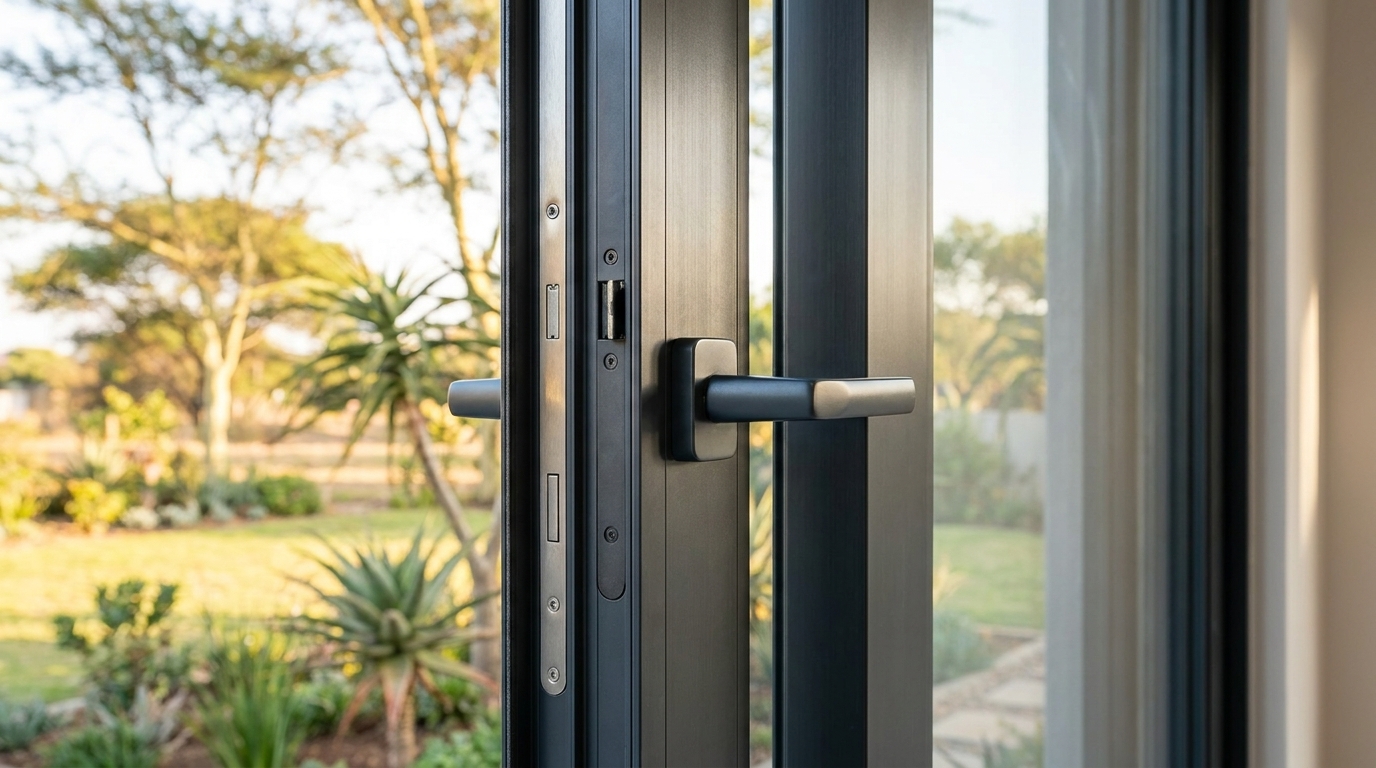 Close-up of a charcoal aluminium sliding window frame showing precise locking mechanism and clean sightlines