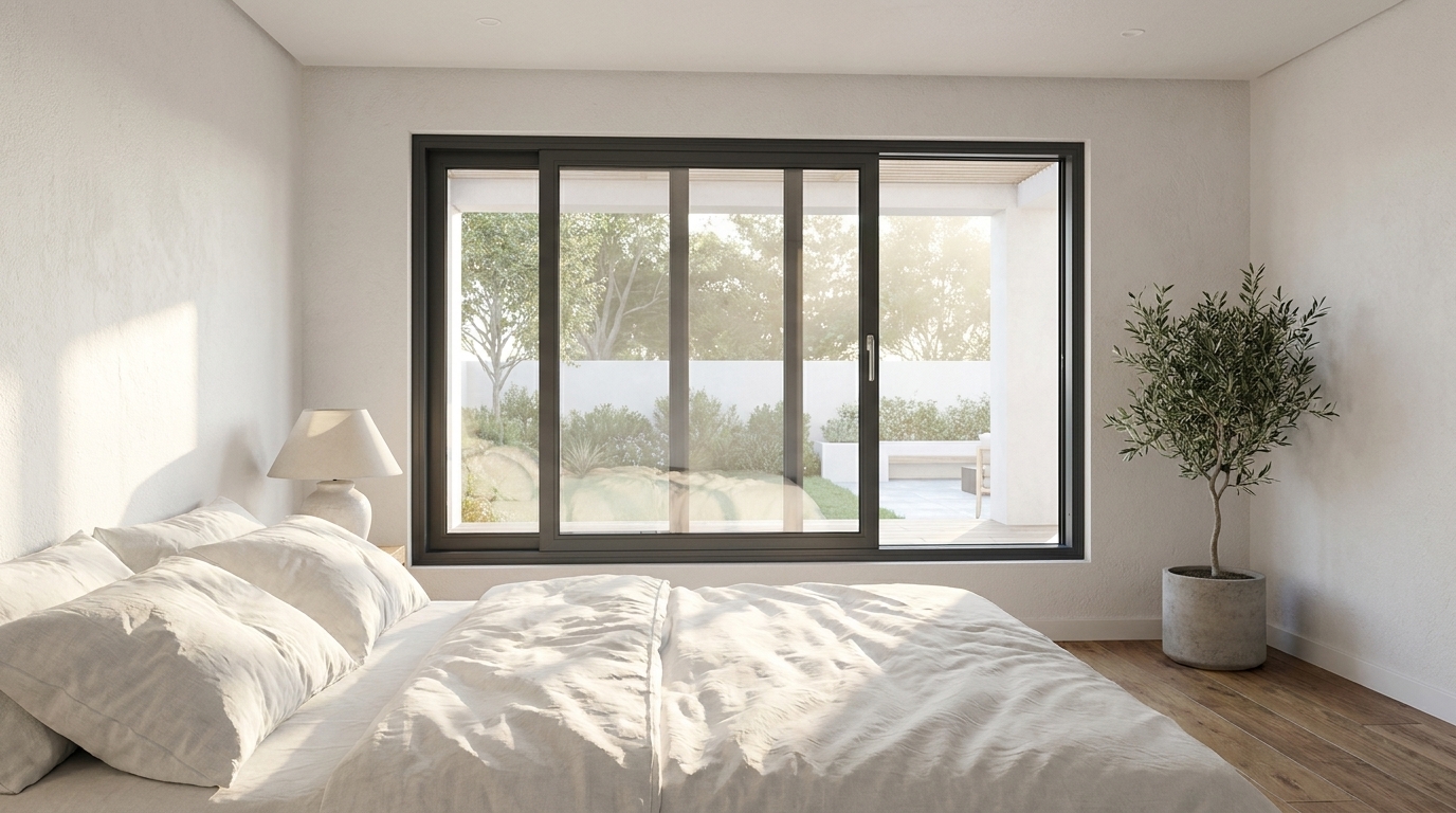 Charcoal aluminium sliding security window in a bright, calm South African bedroom with soft natural daylight