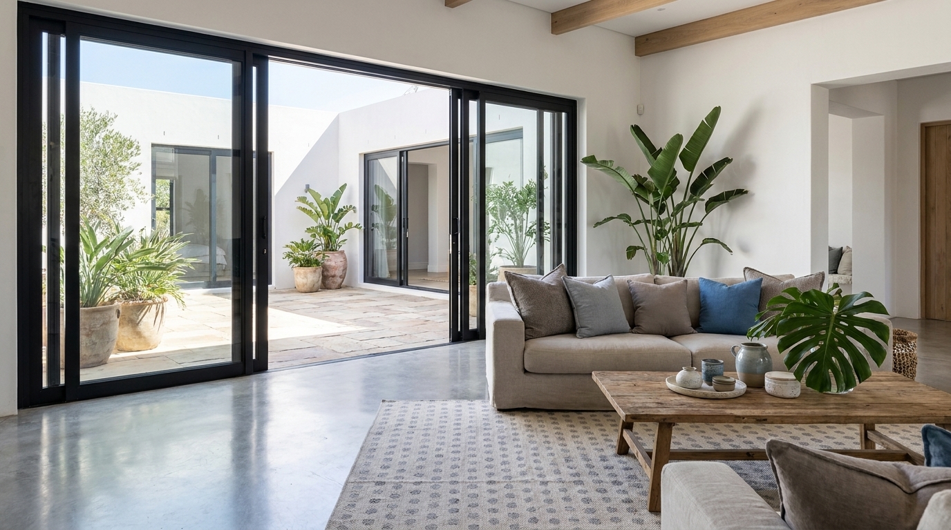 Aluminium sliding security windows in a ground-floor living area opening onto a paved courtyard