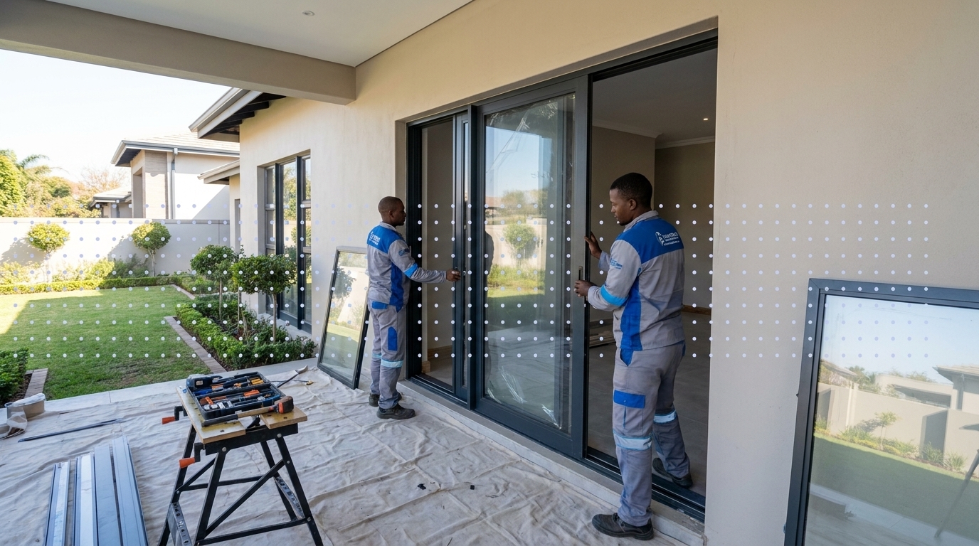 INSO installation team fitting aluminium sliding security windows on a premium residential site in South Africa