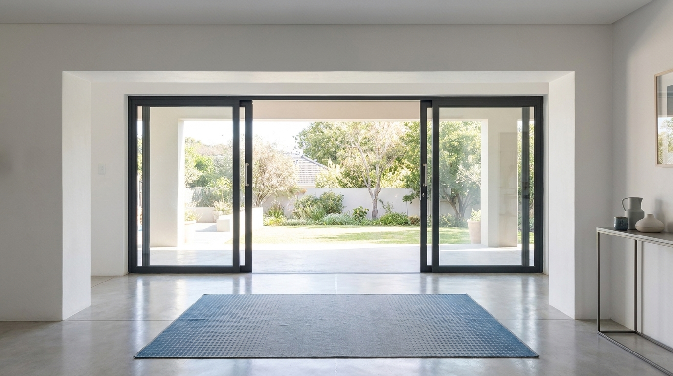 Custom aluminium sliding security windows fitted to a non-standard opening in a contemporary South African home