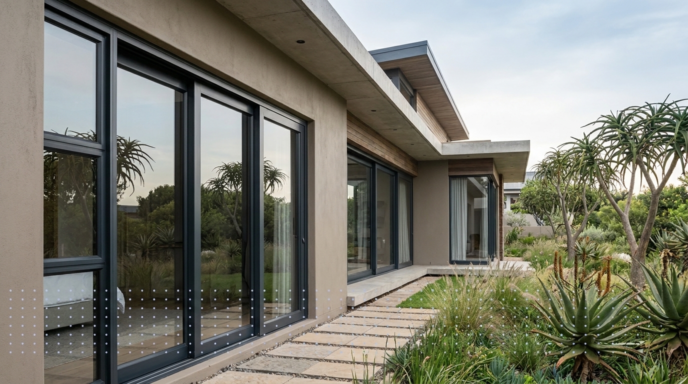 Large aluminium sliding security windows on a premium South African home, framing a garden view with strong clean frames in charcoal