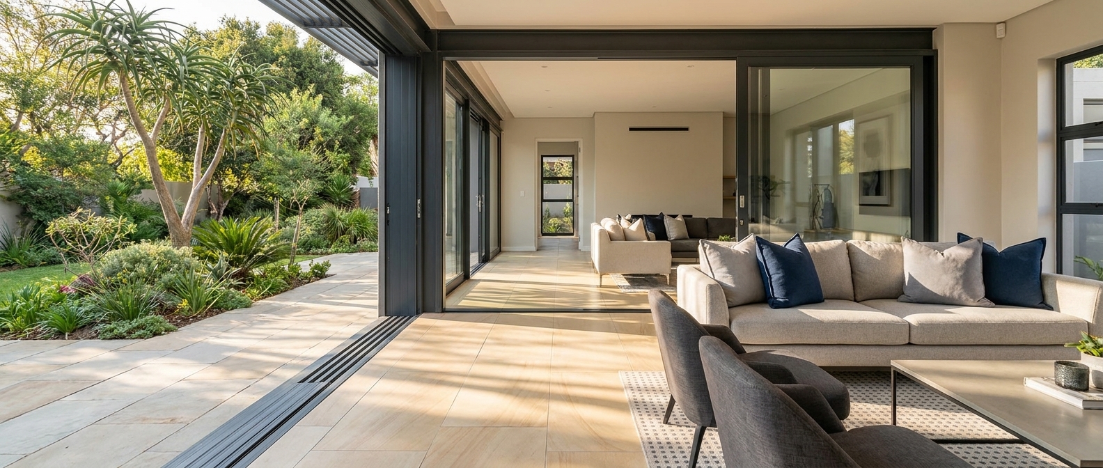 Full-width aluminium sliding doors open in a contemporary living area with views to a landscaped garden