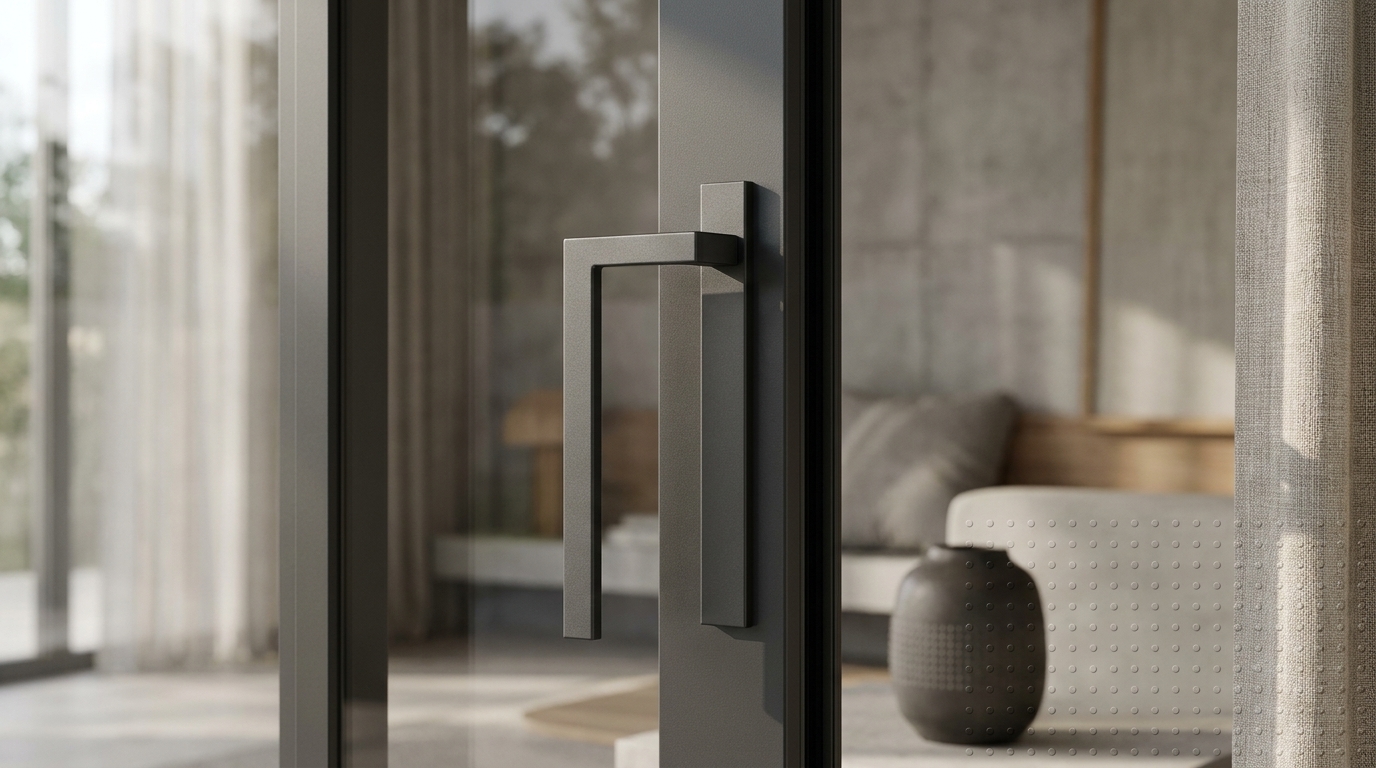 Close detail of charcoal aluminium sliding door frame and handle in a modern living room