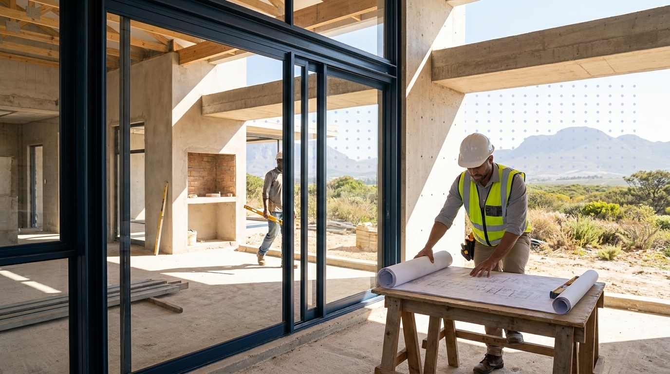 Architect reviewing aluminium sliding door specifications on site at a residential build