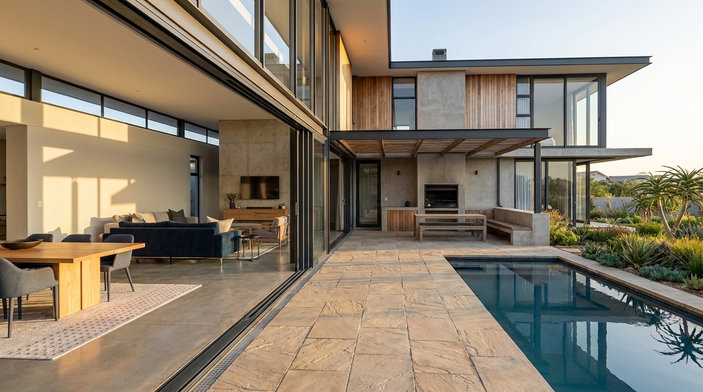 Large aluminium sliding doors opening onto a landscaped patio from a modern South African residence