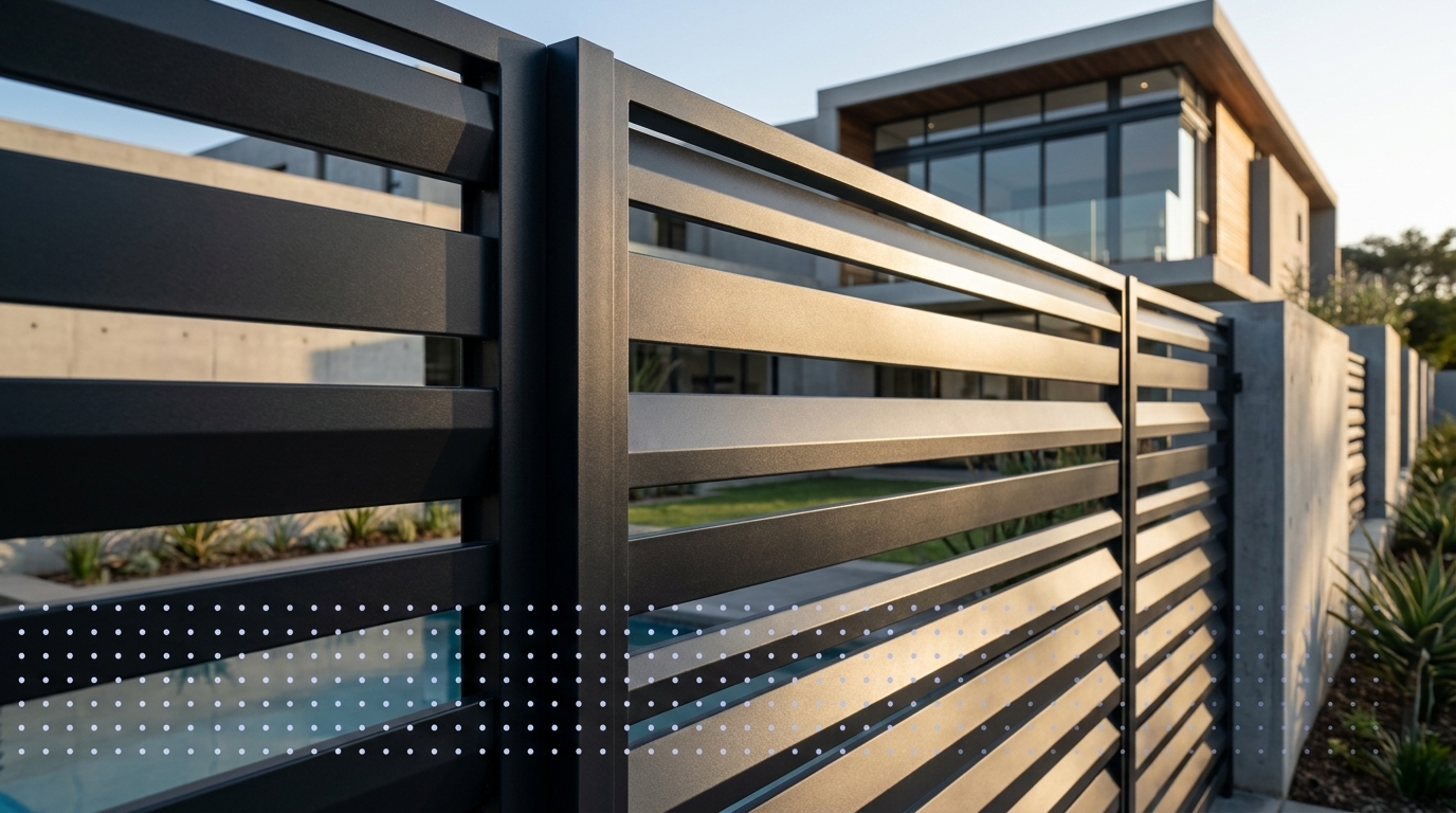 Close-up of powder-coated aluminium fence profile in matte black showing sharp lines and quality finish