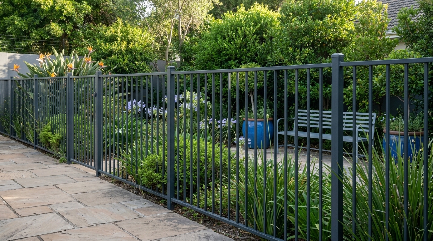 Aluminium garden fence enclosing a lush South African residential garden with paved pathway and manicured greenery