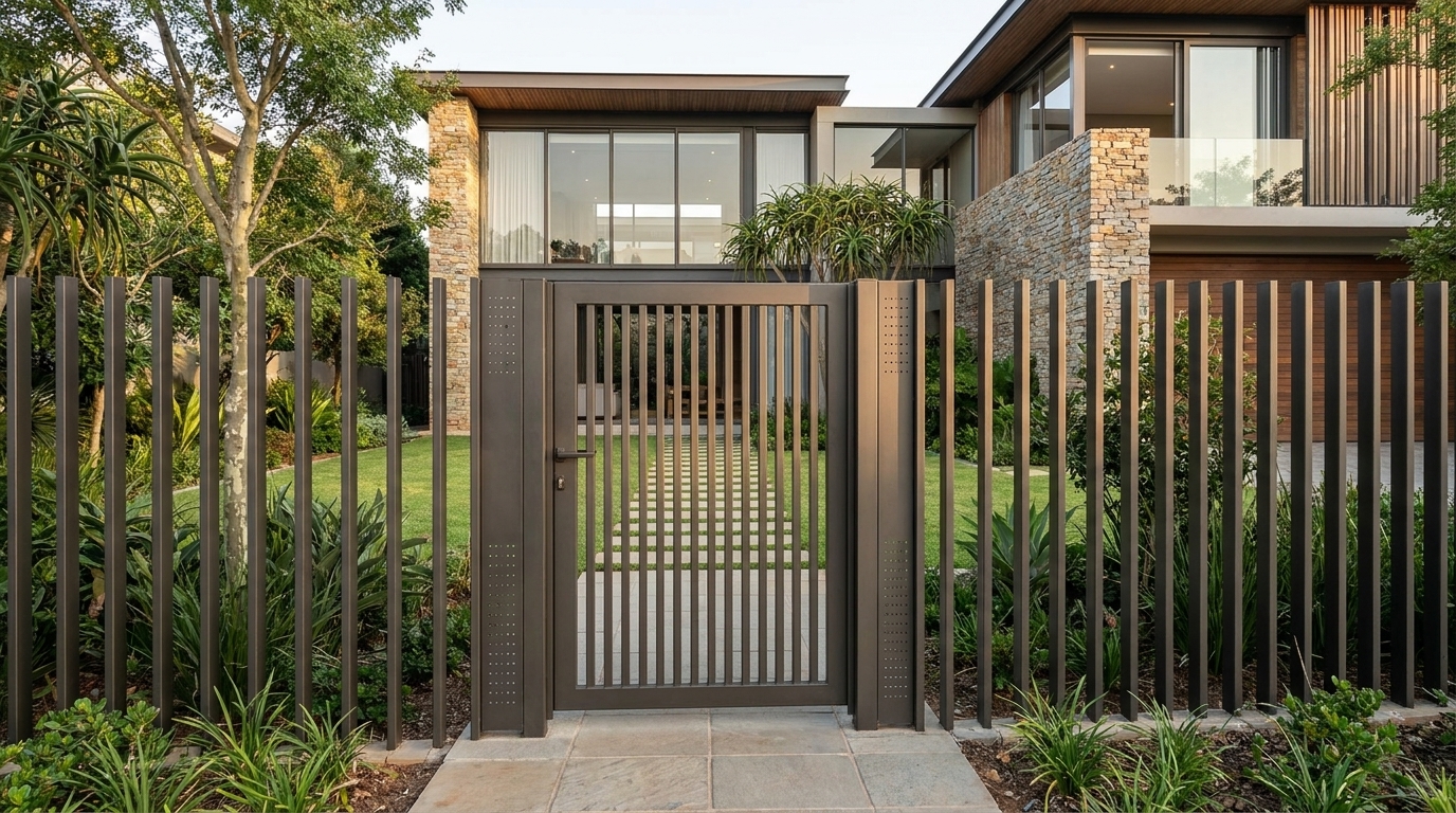 Aluminium pedestrian garden gate in charcoal finish opening onto a landscaped walkway at a premium residence