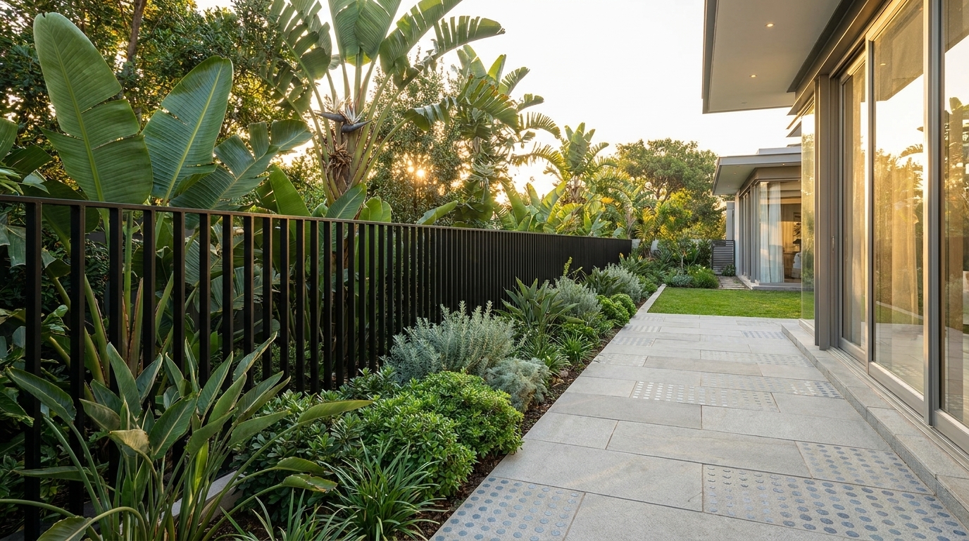 Matte black aluminium garden fence alongside tropical plants at a contemporary South African home
