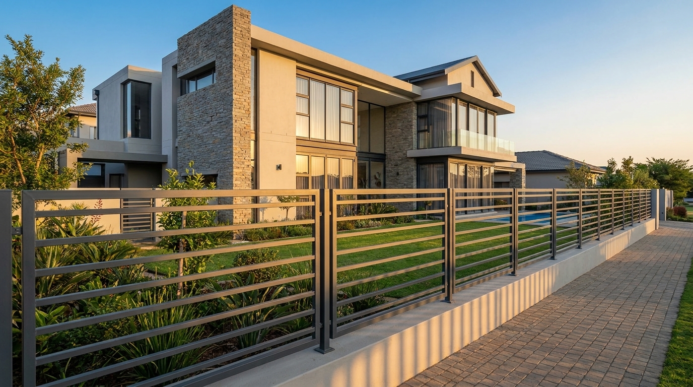 Wide exterior view of a modern South African home with sleek aluminium garden fence and gate in charcoal finish