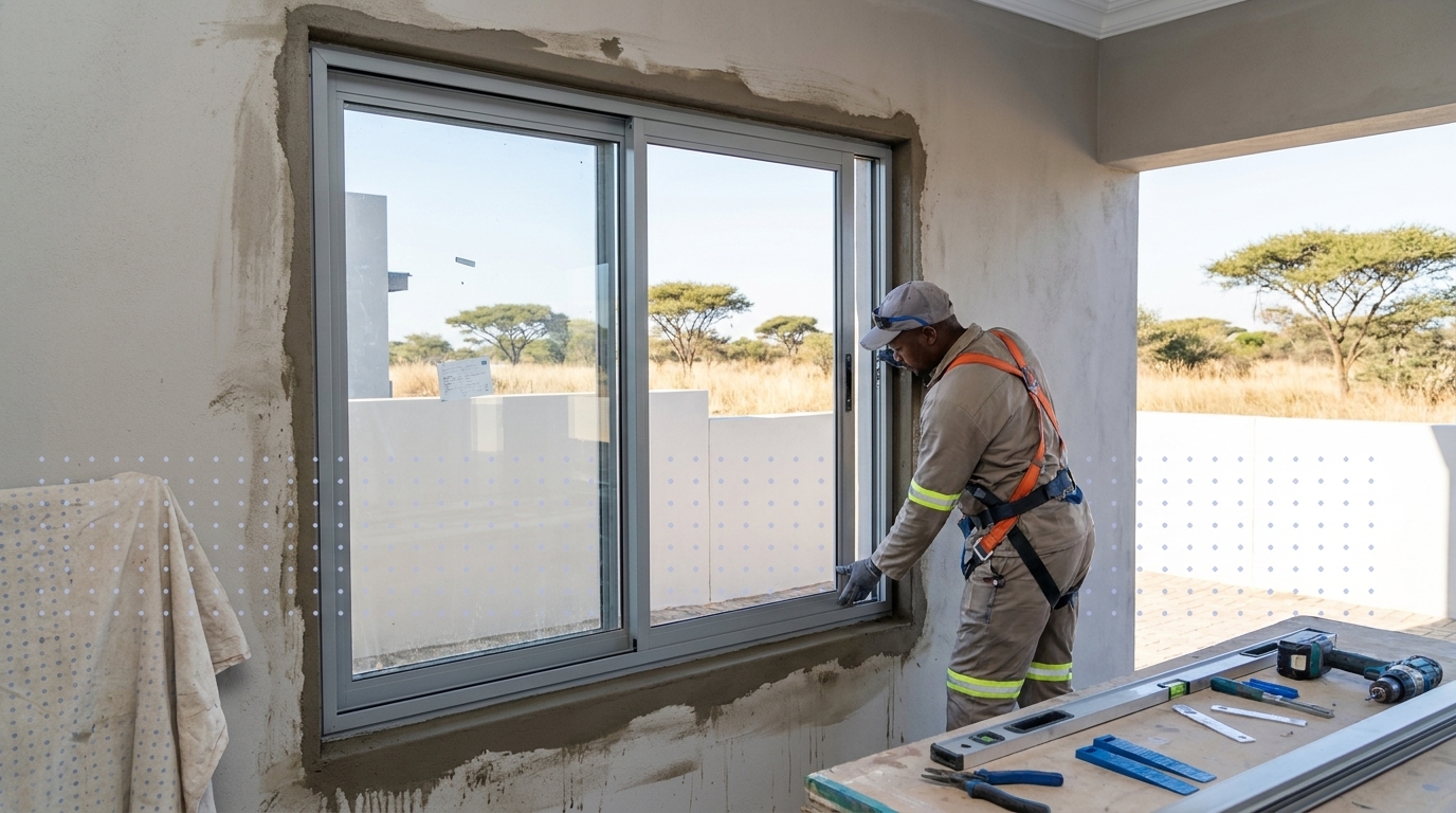 INSO Aluminium installer fitting an aluminium double sliding window frame on a residential building site