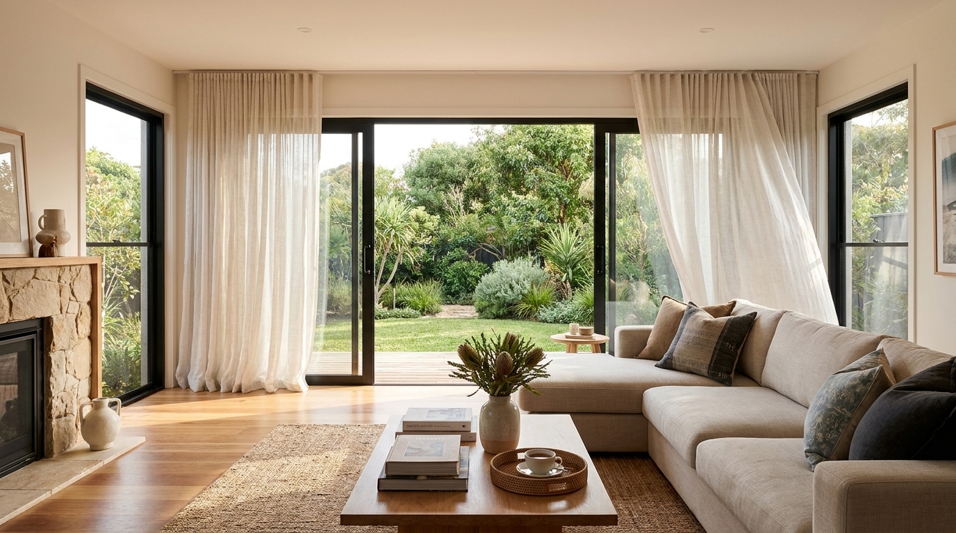 Interior of a light-filled South African living room with open aluminium double sliding windows looking onto a garden