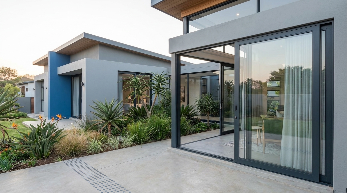 Aluminium double sliding windows fitted in a modern South African home, showing sleek horizontal frames and generous glazing