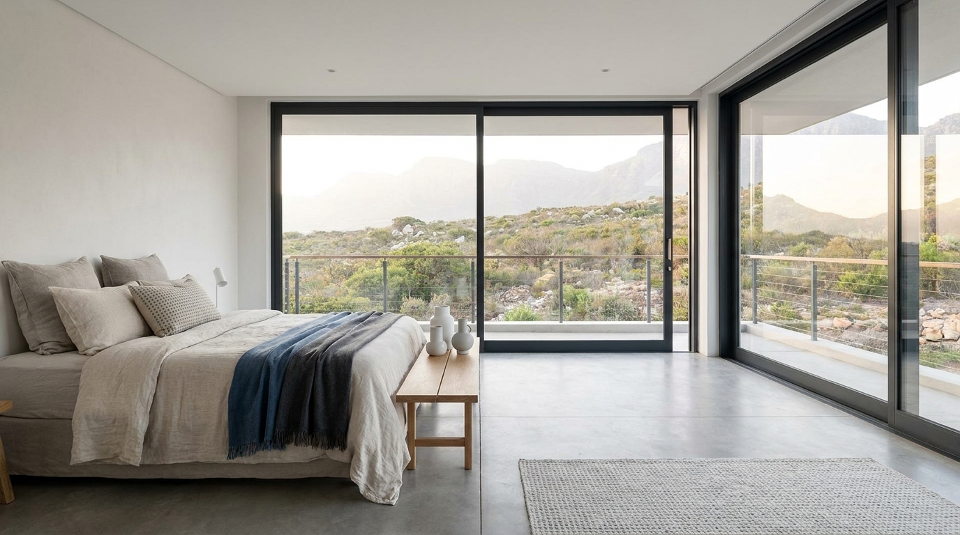 Aluminium double sliding window installed in a bedroom wall with custom dimensions, showing precise frame-to-wall fit