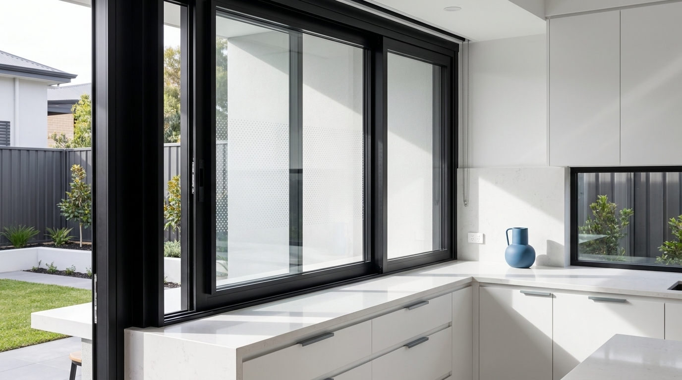 Close-up of aluminium double sliding window frames in a modern residential kitchen, showing precise horizontal track detail