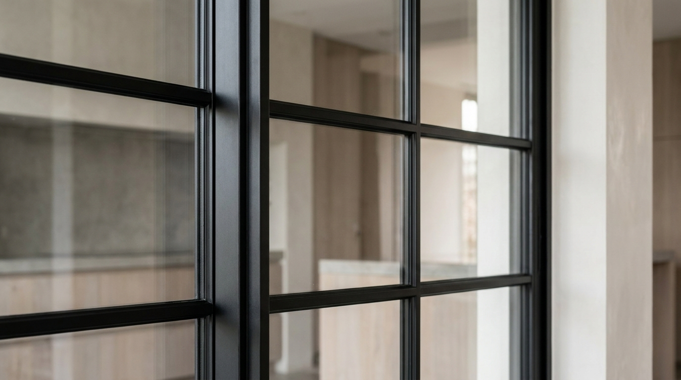 Close detail of aluminium sliding French window glazing bars and matte black frame on a residential property