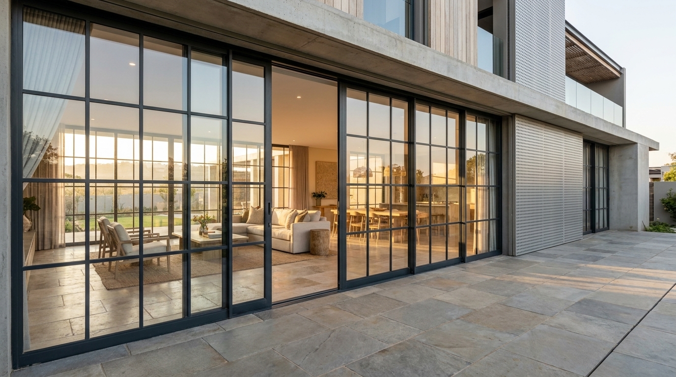 Large aluminium sliding French windows spanning a living room opening onto a shaded patio in a modern South African home