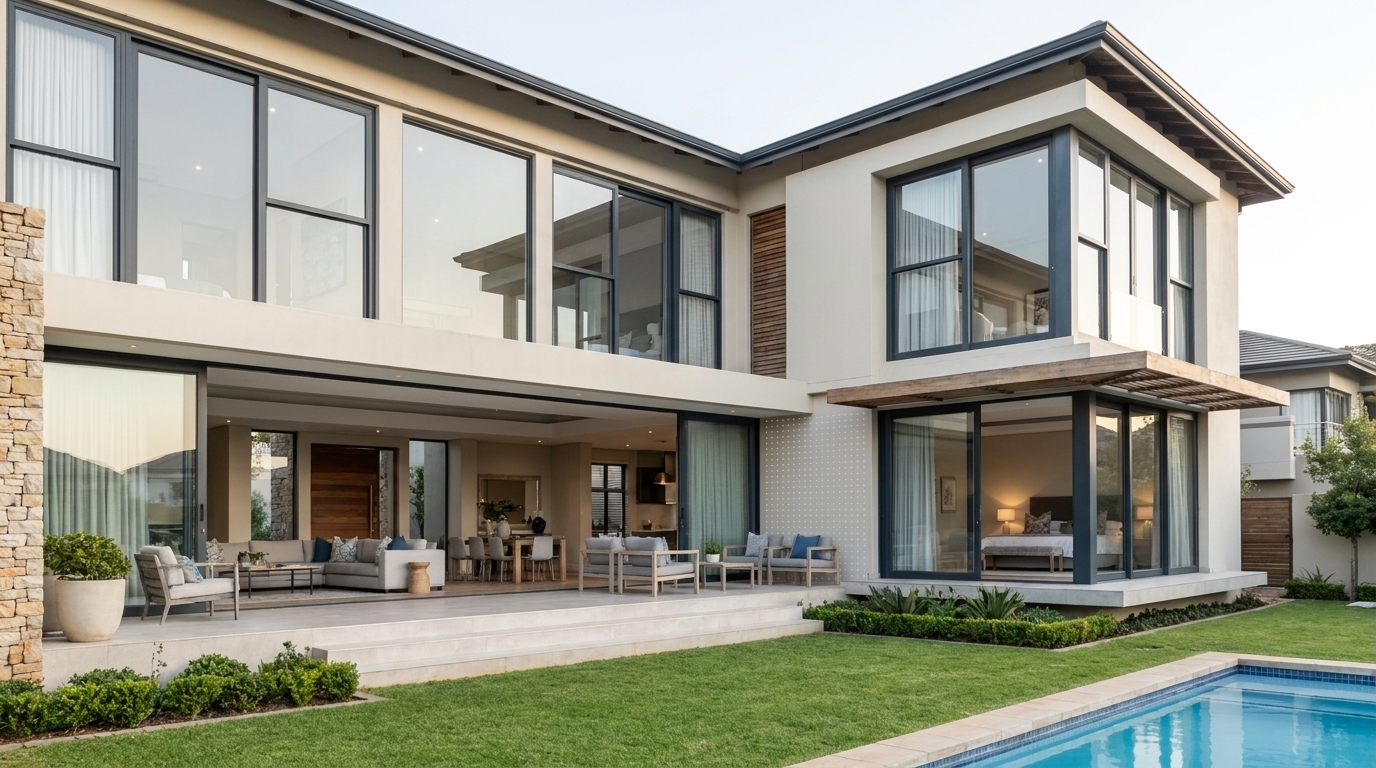 Large aluminium sliding sash windows set into a refined contemporary South African home facade, daylight illuminating a clean interior
