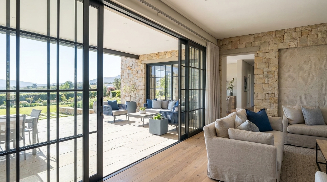 Sliding French windows connecting a living room to an outdoor patio in a contemporary South African home