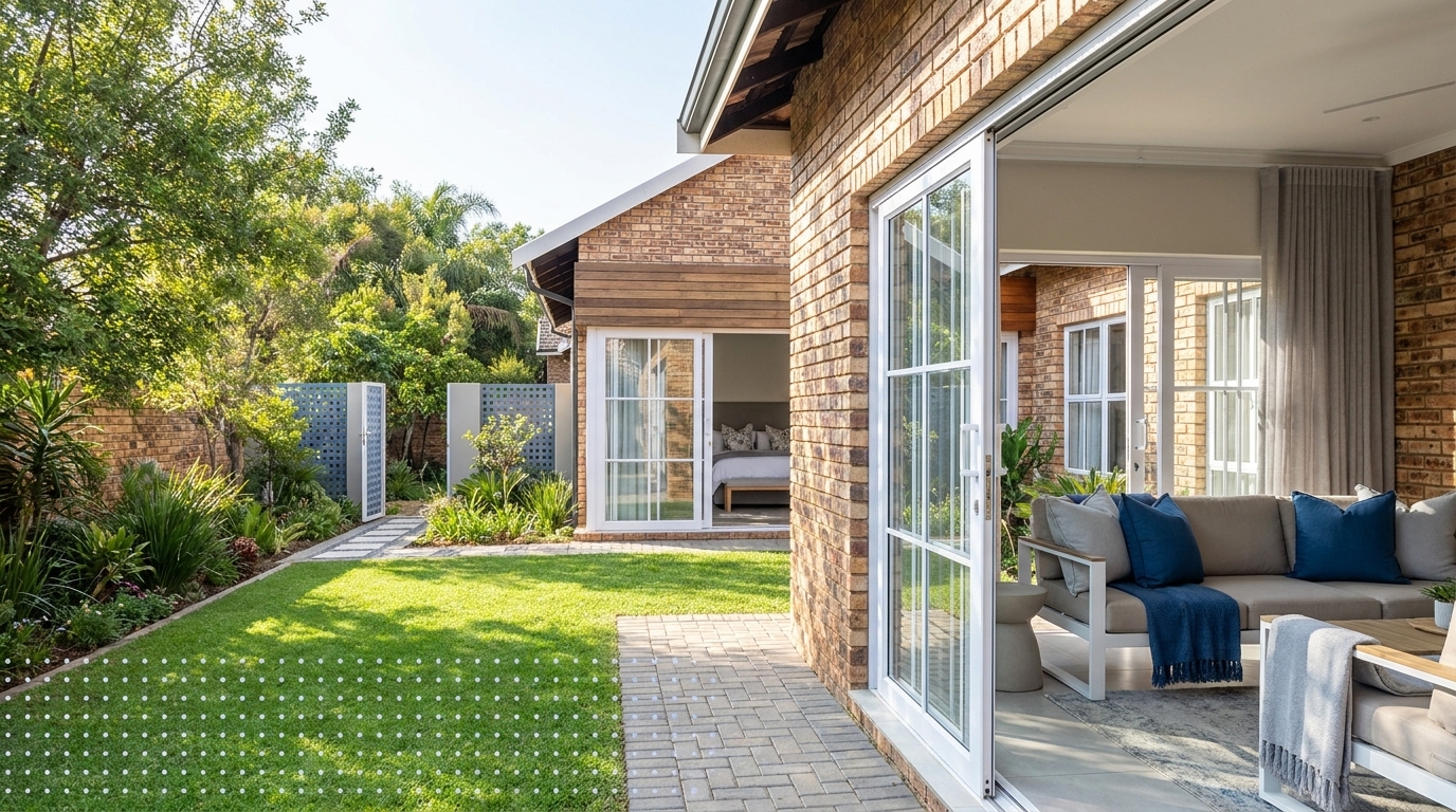Powder-coated aluminium sliding French windows installed at a South African residential property with garden views