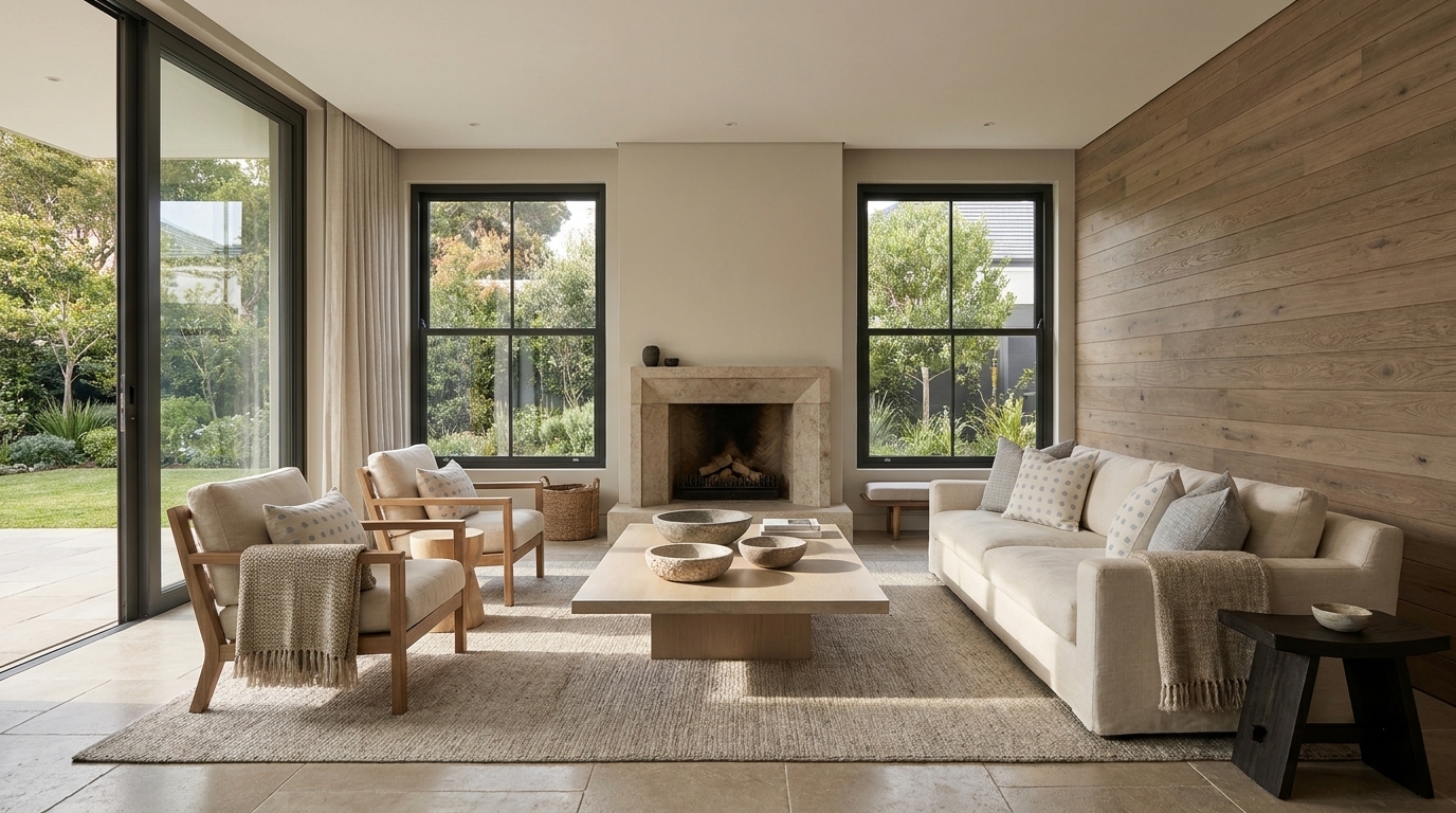 Interior view of a modern living room with tall aluminium sliding sash windows, warm natural light and refined residential décor